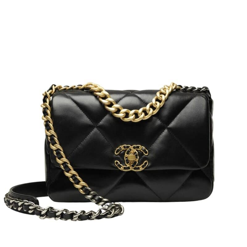 CHANEL 19 FLAP BAG SHINY GOLD AND SILVER TONE BLACK 26CM AS1160 B04852 94305