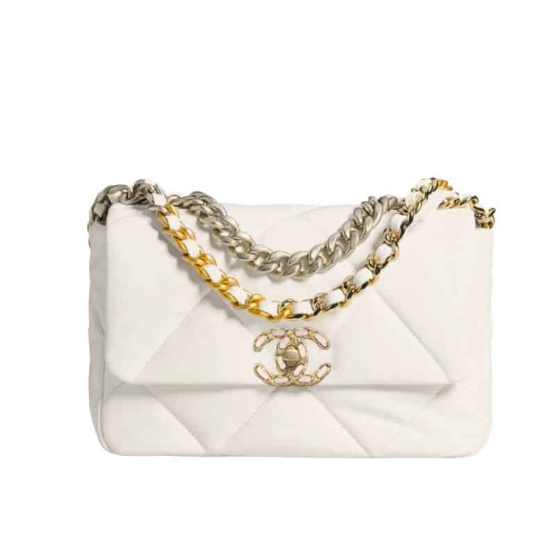 CHANEL 19 FLAP BAG SHINY GOLD AND SILVER TONE WHITE 26CM AS1161 B04852 10601