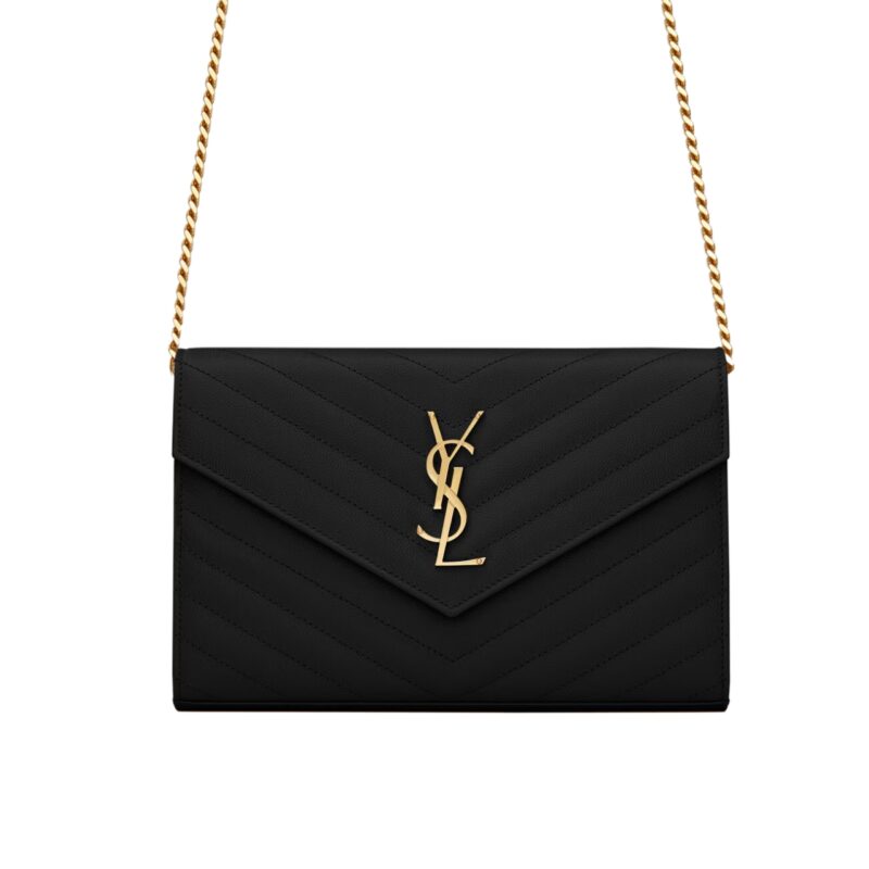 SAINT LAURENT CLASSIC CASSANDRE CHAIN WALLET IN GRAIN DE POUDRE BLACK GOLD 22CM 377828BOW011000