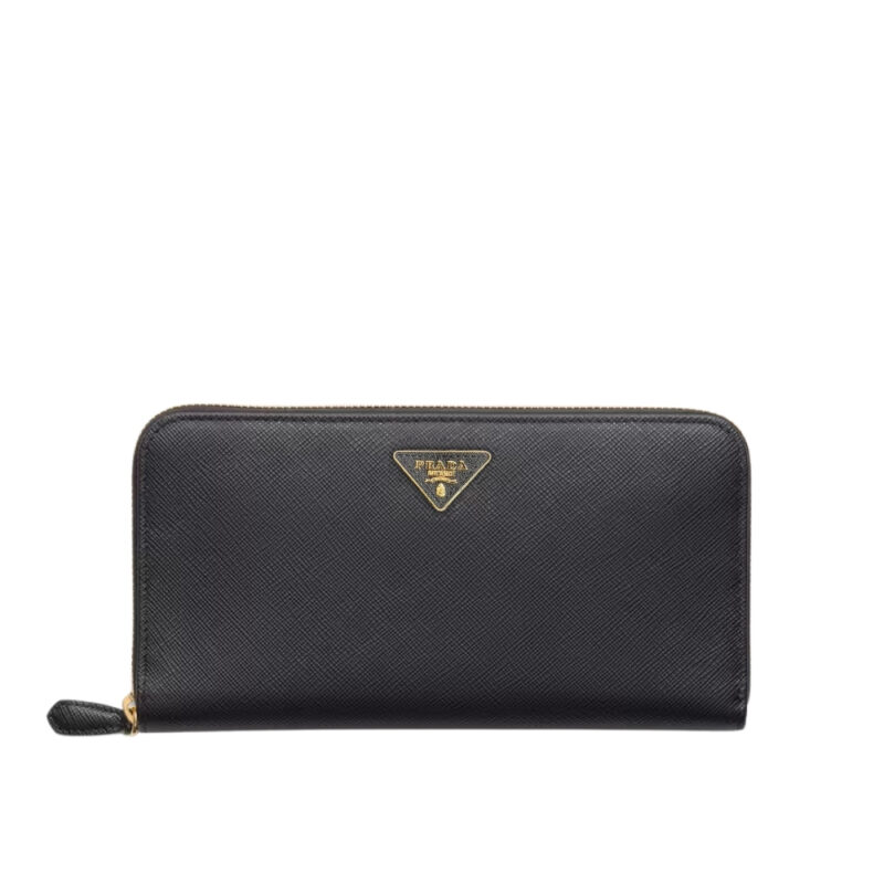 PRADA LARGE SAFFIANO TRIANGLE ZIP AROUND LONG WALLET BLACK 19CM 1ML506 QHH F0002