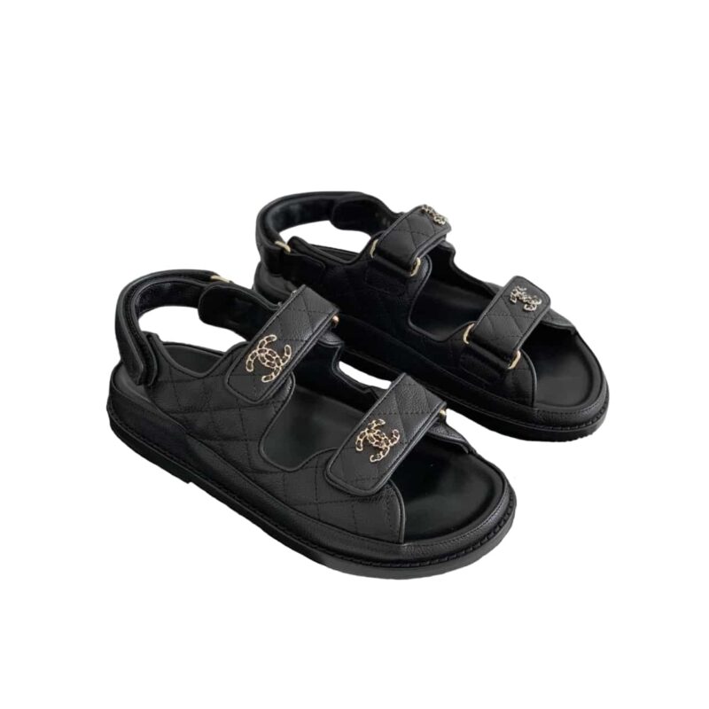 CHANEL CC BUTTON VELCRO BLACK SANDALS GRAINED CALFSKIN LEATHER