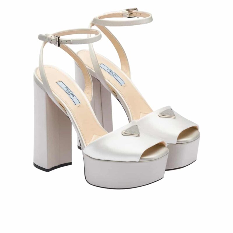 PRADA HIGH HEELED SATIN SANDALS WHITE
