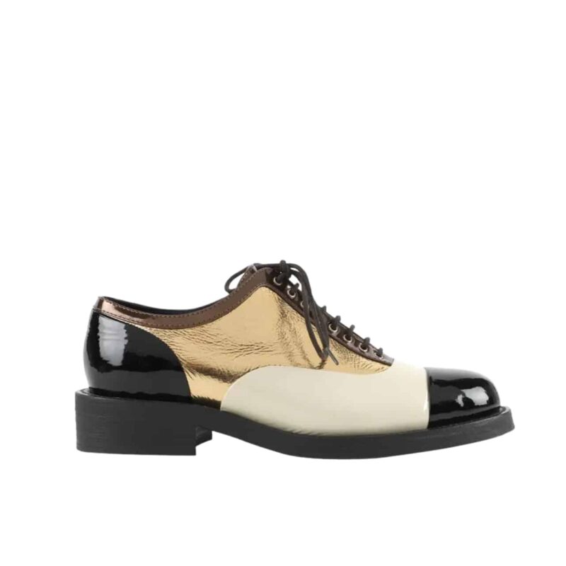 CHANEL UNIFORM CC LOGO OXFORD DERBY CAP TOE BLACK LEATHER SHOES