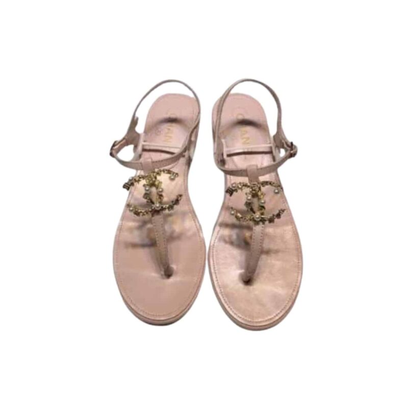 CHANEL GOLD PEARL CC LOGO THONG SANDALS PINK