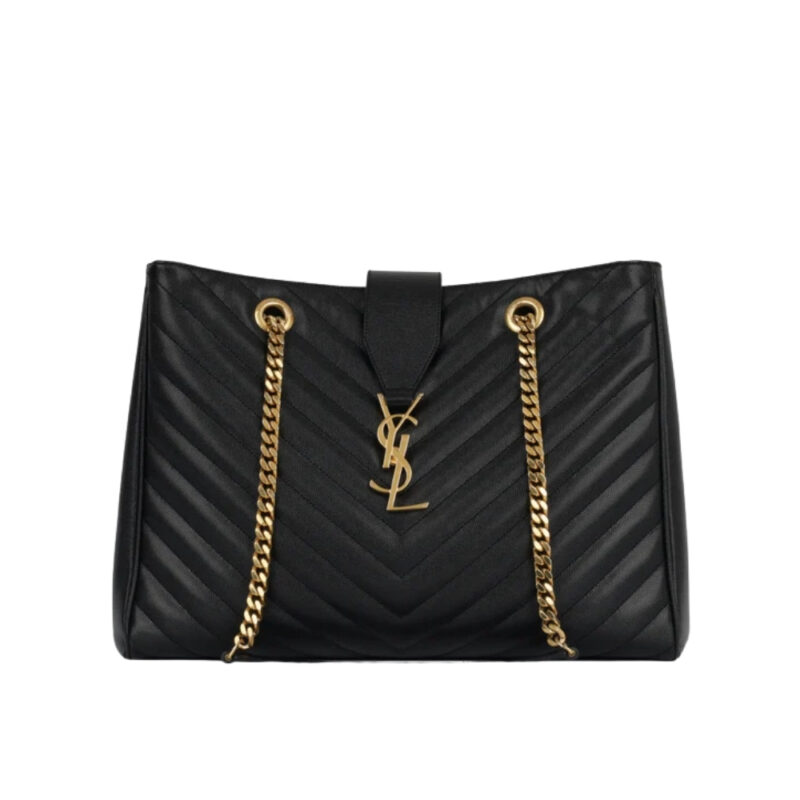 SAINT LAURENT BLACK GRAIN DE POUDRE MATELASSE CHEVRON MONOGRAM SHOPPING BAG GOLD HARDWARE