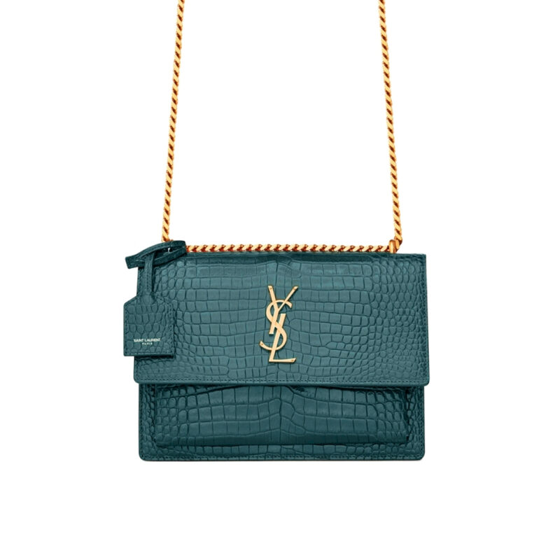 Saint Laurent Sunset Medium In Crocodile Embossed Leather Dark Green 22cm 442906DND0J3144