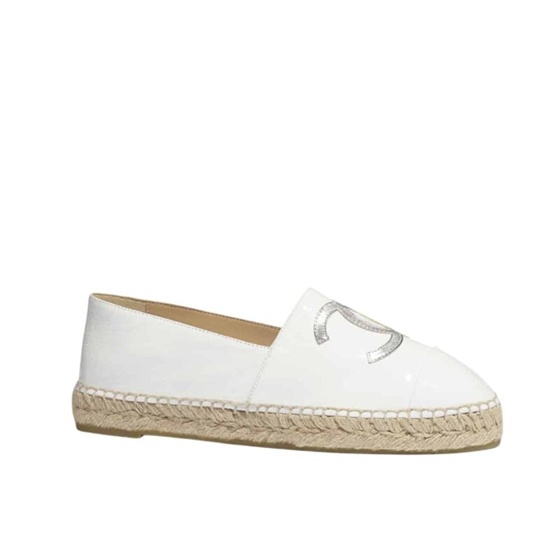 CHANEL EMBROIDERED ESPADRILLE LEATHER CAP TOE FLATS WHITE GREY LOGO CC