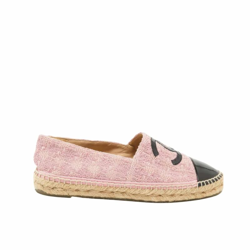 CHANEL EMBROIDERED ESPADRILLE LEATHER BLACK CAP TOE FLATS PINK CC