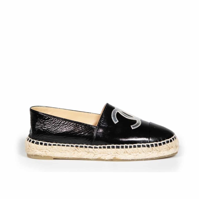 CHANEL EMBROIDERED ESPADRILLE LEATHER CAP TOE FLATS BLACK CC