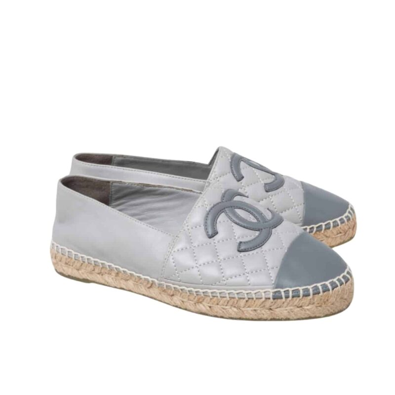 CHANEL EMBROIDERED ESPADRILLE LEATHER GREY CAP TOE FLATS WHITE