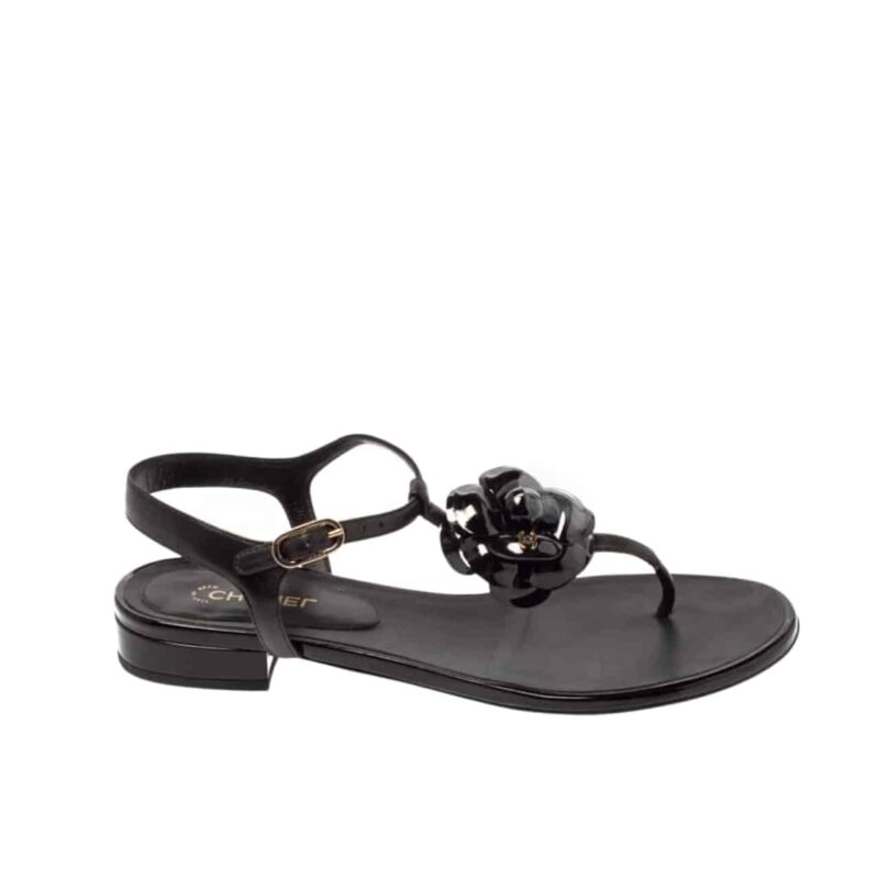 CHANEL JELLY BLACK RUBBER CAMELLIA SANDALS BLACK