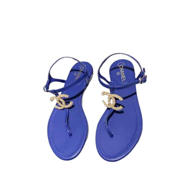 CHANEL GOLD PEARL CC LOGO THONG SANDALS BLUE
