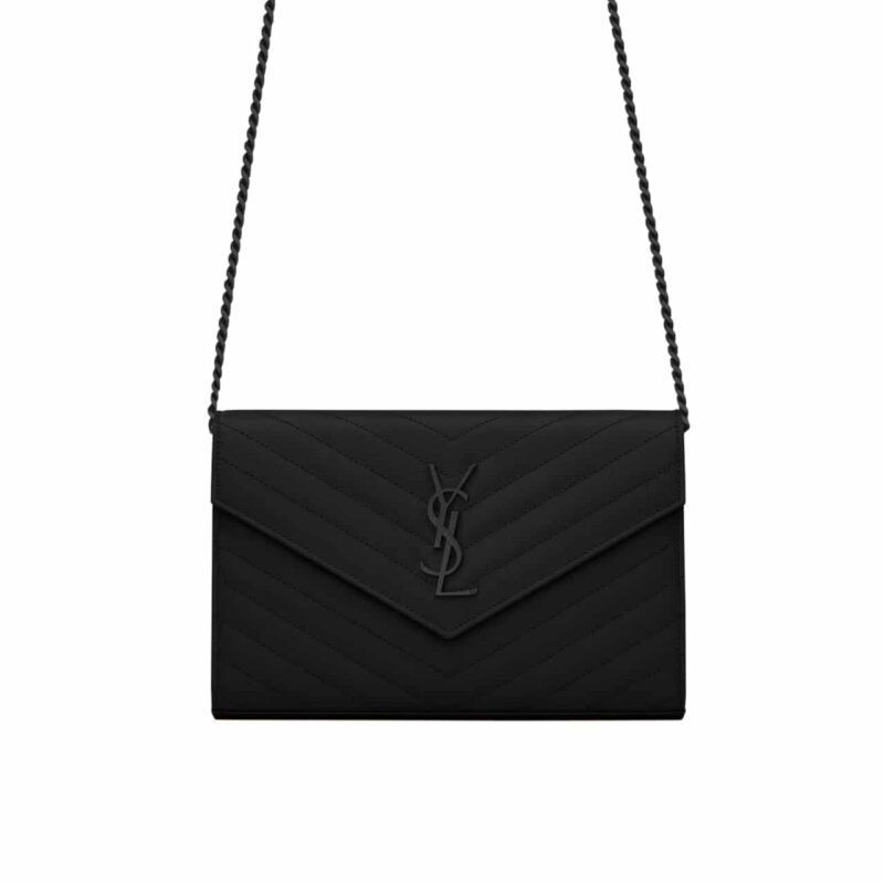 SAINT LAURENT CASSANDRE MATELASSÉ CHAIN WALLET IN GRAIN DE POUDRE EMBOSSED BLACK NOIR 22CM 377828BOW081000