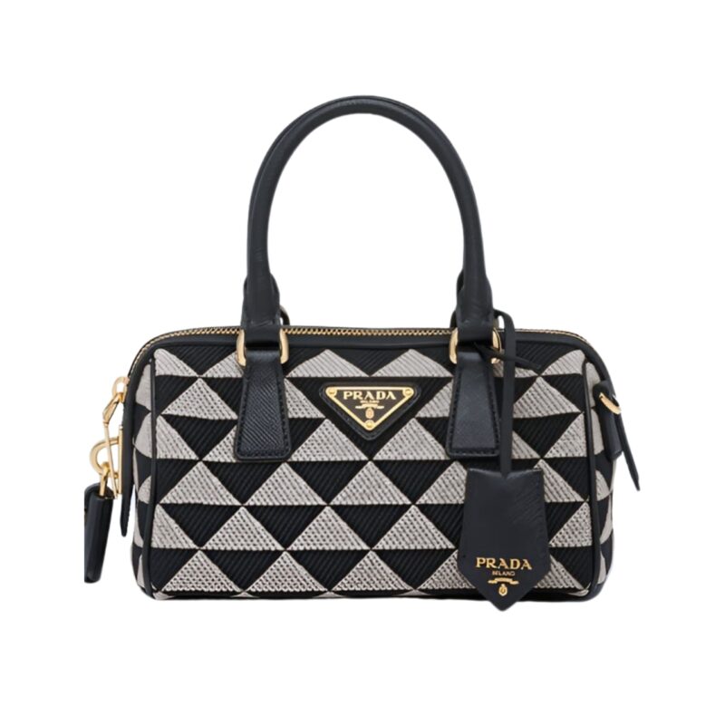 PRADA SYMBOLE EMBROIDERED FABRIC TOP HANDLE BAG BLACK 20CM 1BB846 2FKL F0Y30 V XOO