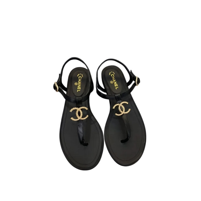 CHANEL GOLD CC LOGO THONG SANDALS BLACK