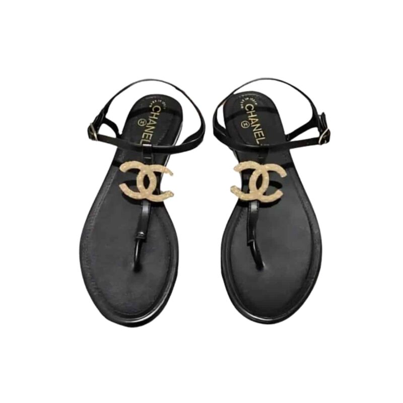 CHANEL GOLD PEARL CC LOGO THONG SANDALS BLACK