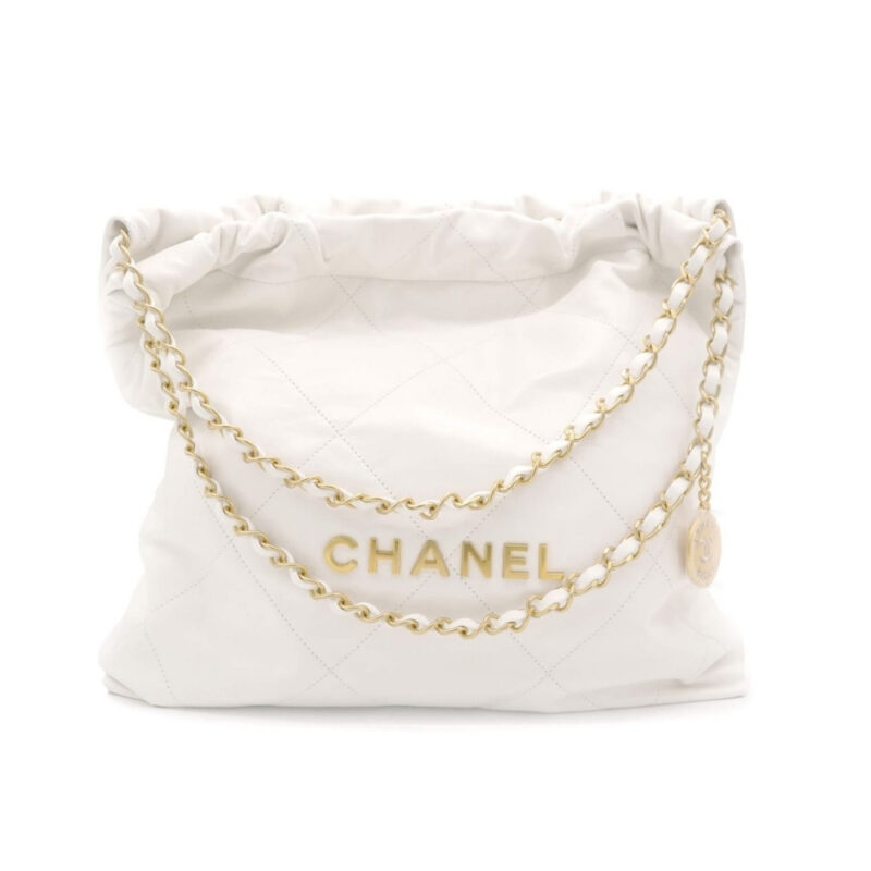 Chanel 22 Handbag Shiny And Gold Tone Metal White 42Cm AS3261
