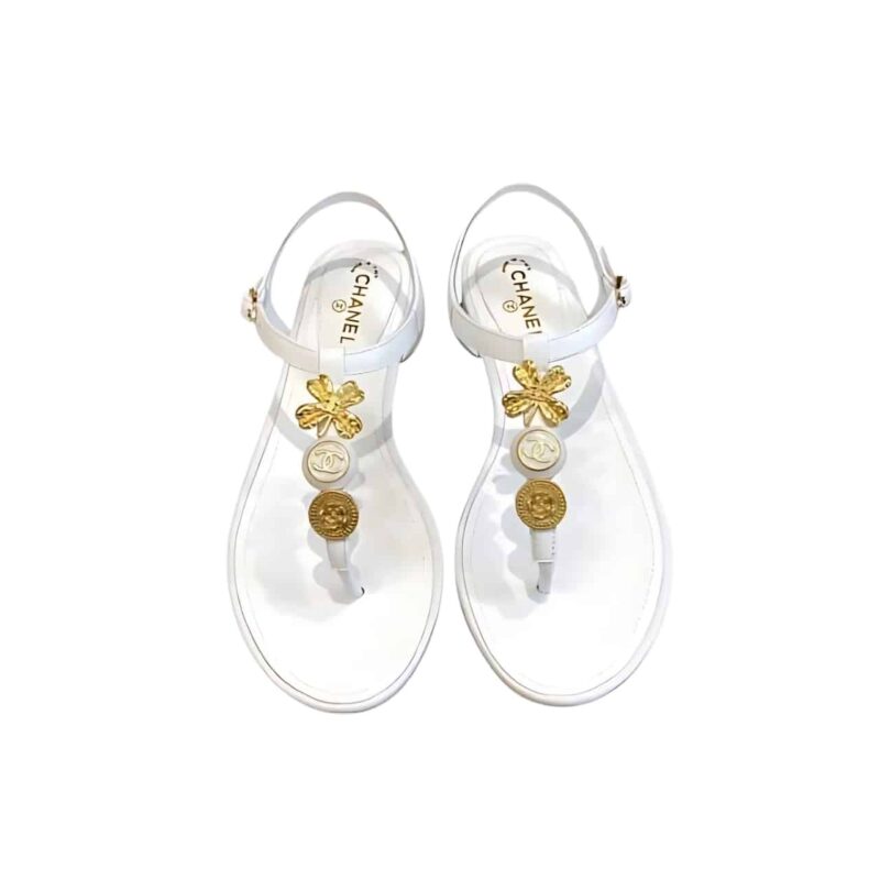 CHANEL CAMELLIA THONGS SANDALS WITH GOLD LEAF CLOVER WHITE