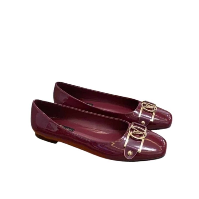LOUIS VUITTON SIGNATURE LV LOGO SHINY WINE RED BALLERINA