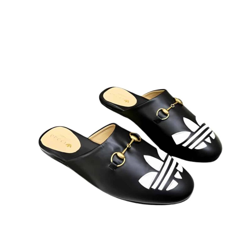 GUCCI X ADIDAS WOMEN'S TREFOIL SLIPPER LEATHER BLACK