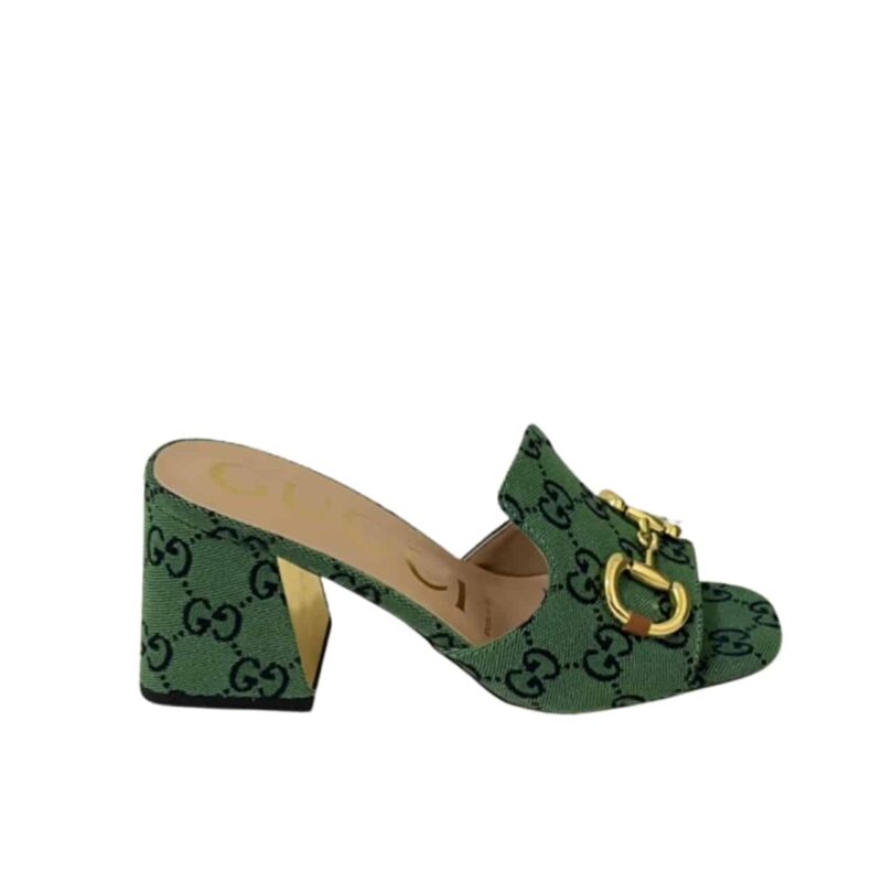 GUCCI WOMEN'S SLIDE MONOGRAM SANDAL WITH HORSEBIT GREEN