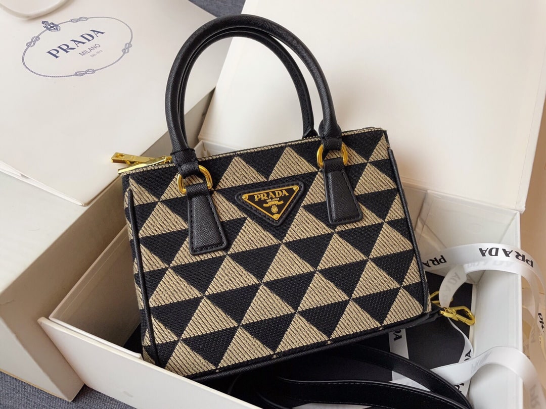 PRADA GALLERIA MINI BAG IN EMBROIDERED JACQUARD BLACK AND BEIGE 20CM 1BA906 2FKL F0Y30 V XOM - Image 2