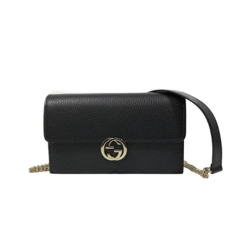 GUCCI PEBBLED BLACK LEATHER INTERLOCKING G WALLET ON CHAIN CLUTCH BAG 20CM