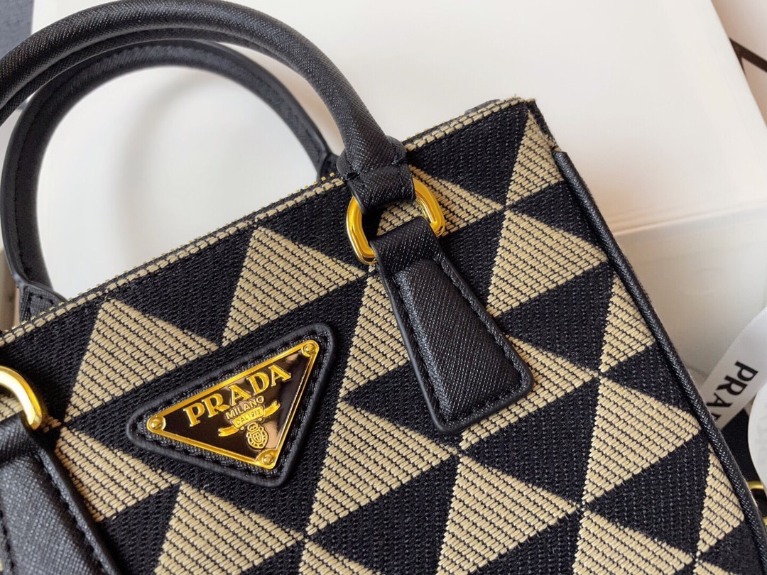 PRADA GALLERIA MINI BAG IN EMBROIDERED JACQUARD BLACK AND BEIGE 20CM 1BA906 2FKL F0Y30 V XOM - Image 9