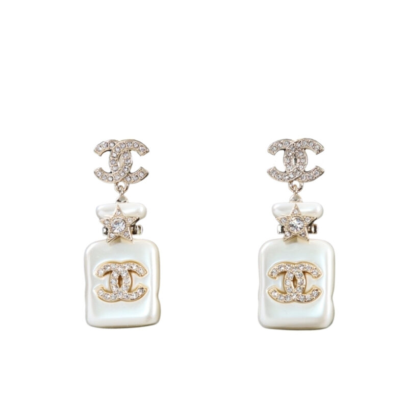 CHANEL PEARL RESIN CRYSTAL CC PERFUME BOTTLE DROP EARRINGS