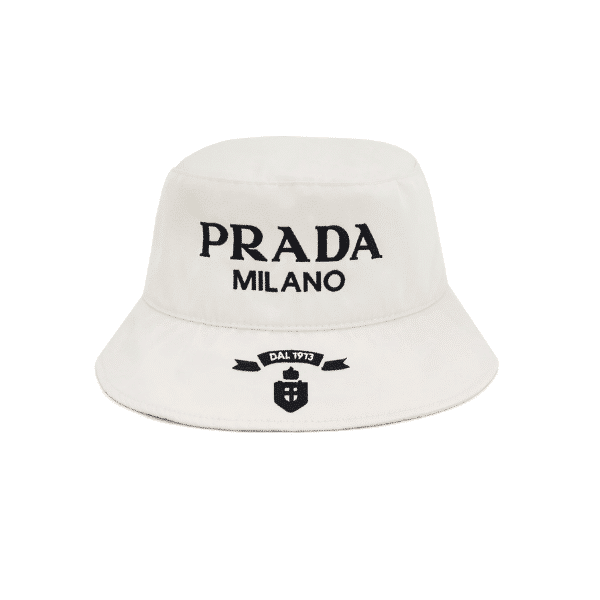 PRADA EMBROIDERED LOGO BUCKET HAT IN WHITE