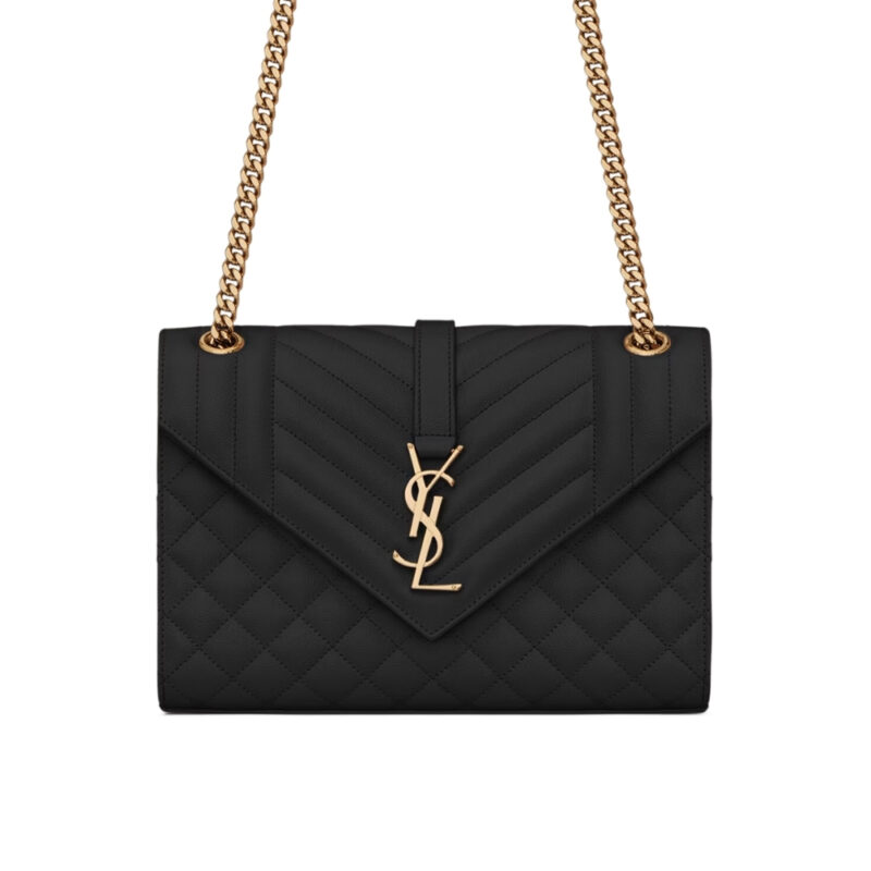 SAINT LAURENT ENVELOPE MEDIUM IN QUILTED GRAIN DE POUDRE EMBOSSED LEATHER BLACK GOLD 24CM 600185BOW911000