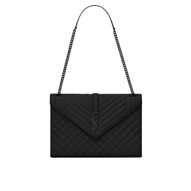 SAINT LAURENT ENVELOPE LARGE BAG IN MIX MATELASSÉ GRAIN DE POUDRE EMBOSSED LEATHER BLACK 31CM 600166BOW981000