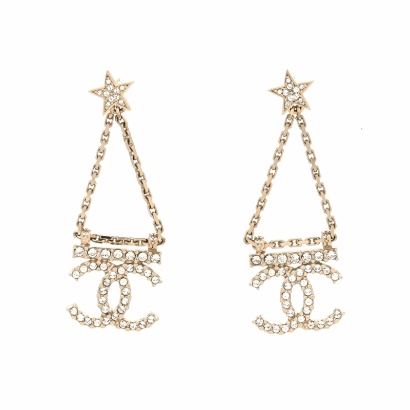 CHANEL STAR CRYSTAL CHAIN BAR STUD DROP EARRINGS AB8068 B07810 NH432