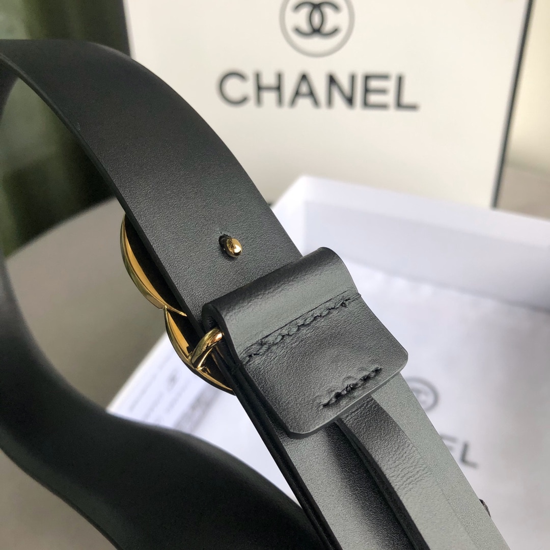CHANEL LEATHER BELT WITH CC PEARL AND GOLD TONE METAL BLACK 3CM - Image 6
