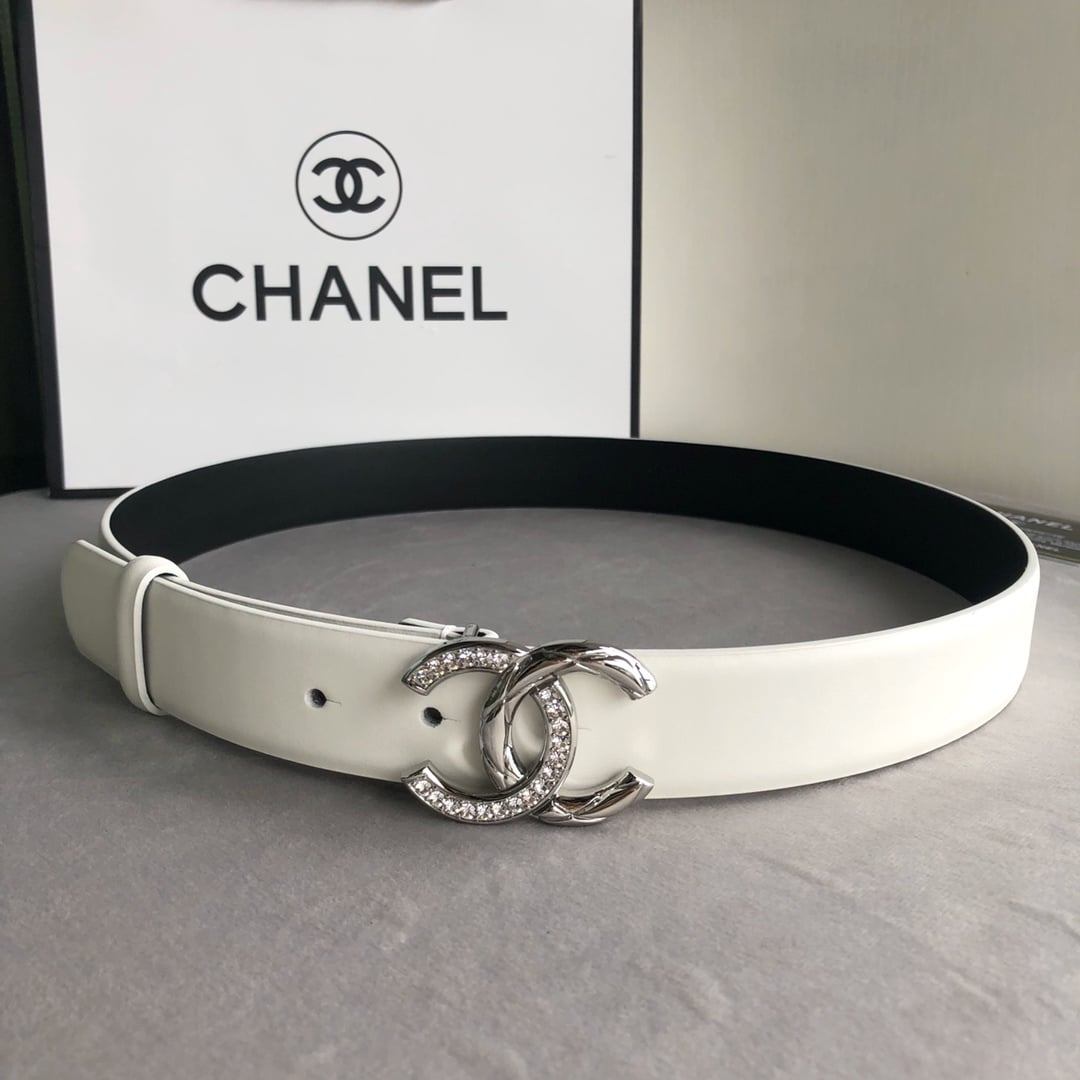 CHANEL LEATHER BELT WITH CC PEARL AND SILVER TONE METAL WHITE 3CM - Image 8