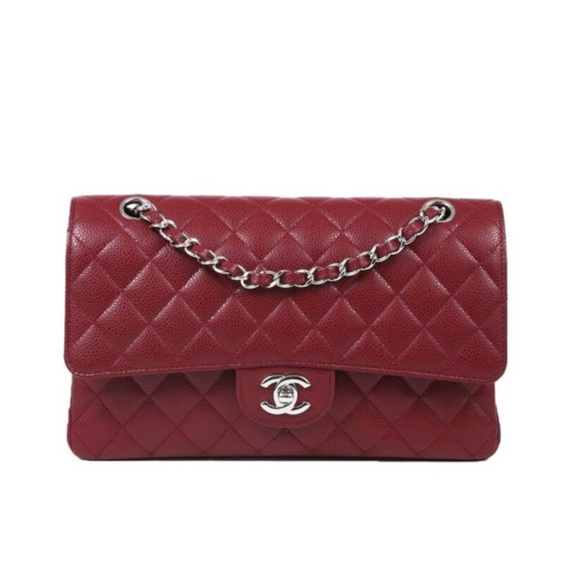 CHANEL MEDIUM CLASSIC FLAP BAG SILVER HARDWARE BURGUNDY 25CM A01113
