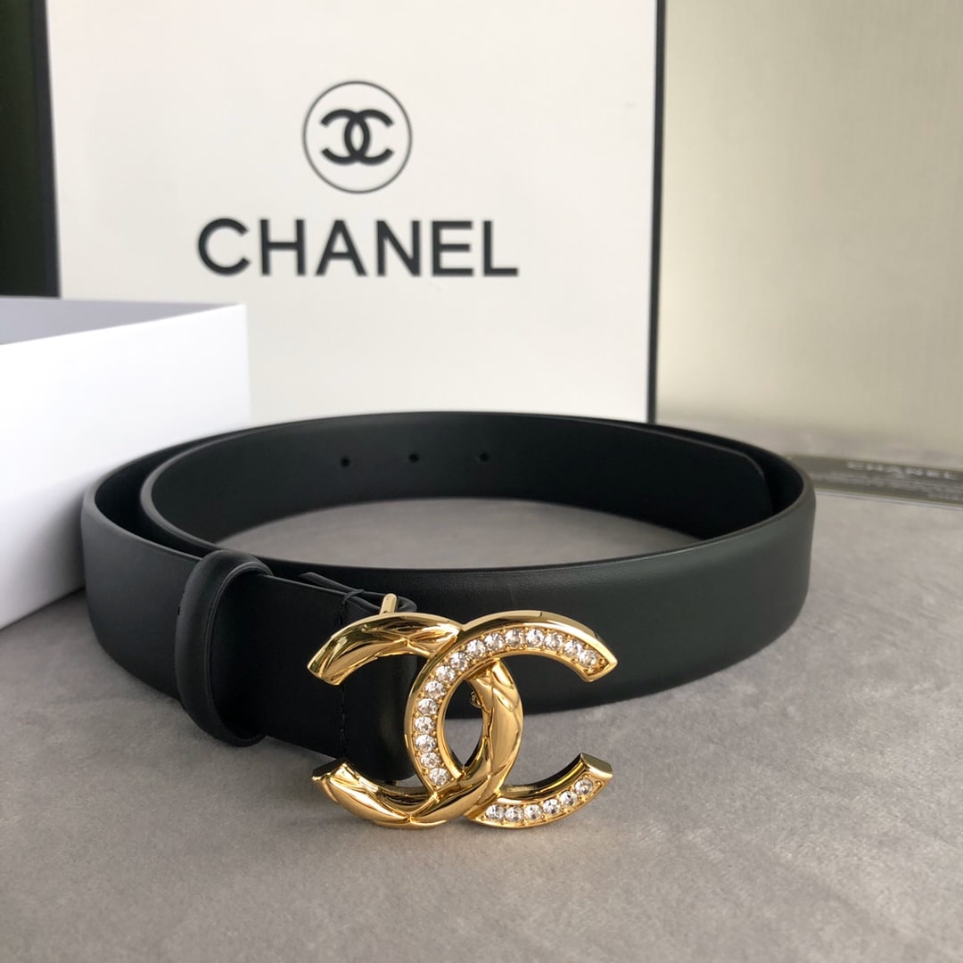 CHANEL LEATHER BELT WITH CC PEARL AND GOLD TONE METAL BLACK 3CM - Image 3