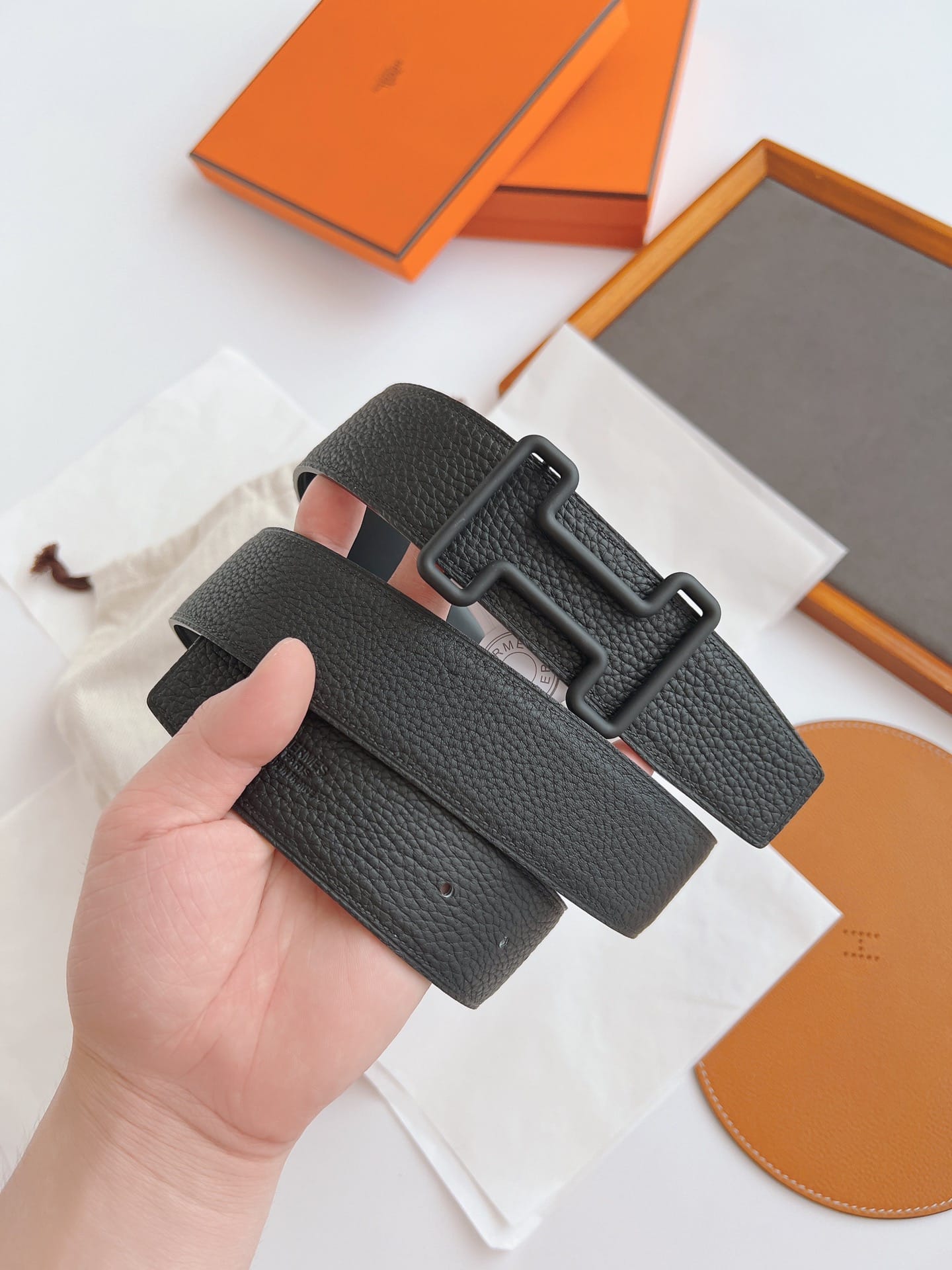 HERMES LEATHER BELT WITH H BUCKLE BLACK 38MM - Image 5