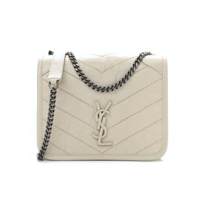 SAINT LAURENT NIKI VINTAGE LEATHER CHAIN WALLET CREAM 19CM