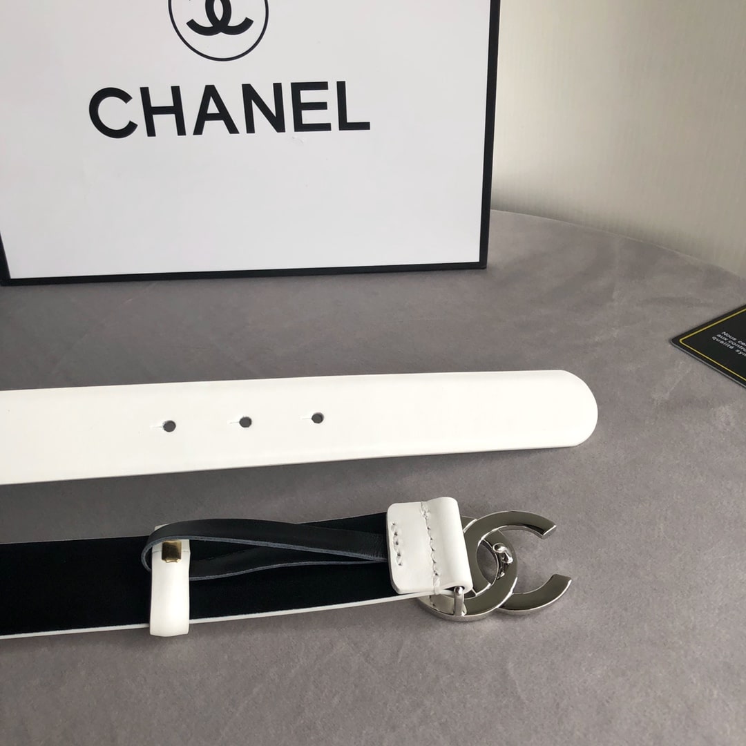 CHANEL LEATHER BELT WITH CC PEARL AND SILVER TONE METAL WHITE 3CM - Image 7