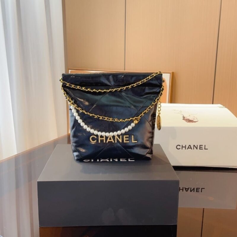 Alternative view of CHANEL 22 MINI HANDBAG SHINY CRYSTAL PEARLS GOLD TONE METAL BLACK 22CM AS3980 B10672 94305