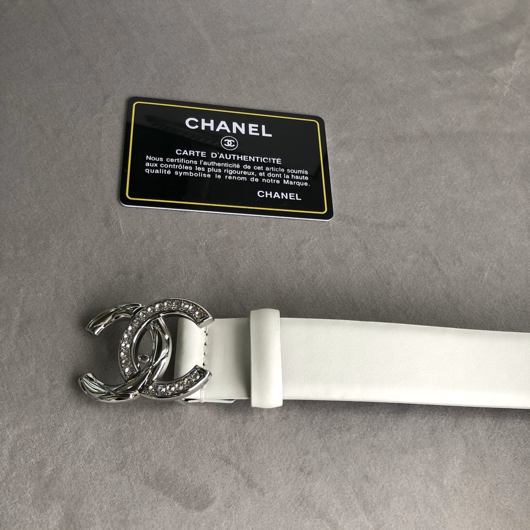 CHANEL LEATHER BELT WITH CC PEARL AND SILVER TONE METAL WHITE 3CM - Image 6