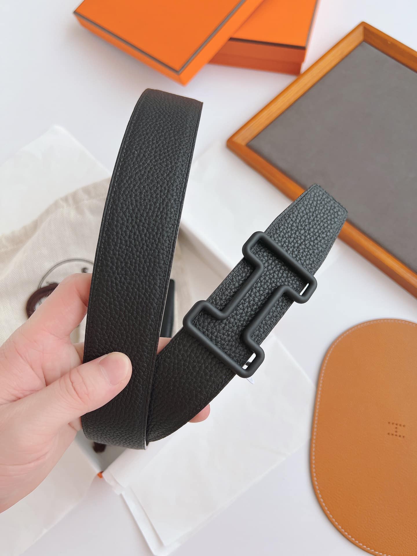 HERMES LEATHER BELT WITH H BUCKLE BLACK 38MM - Image 7