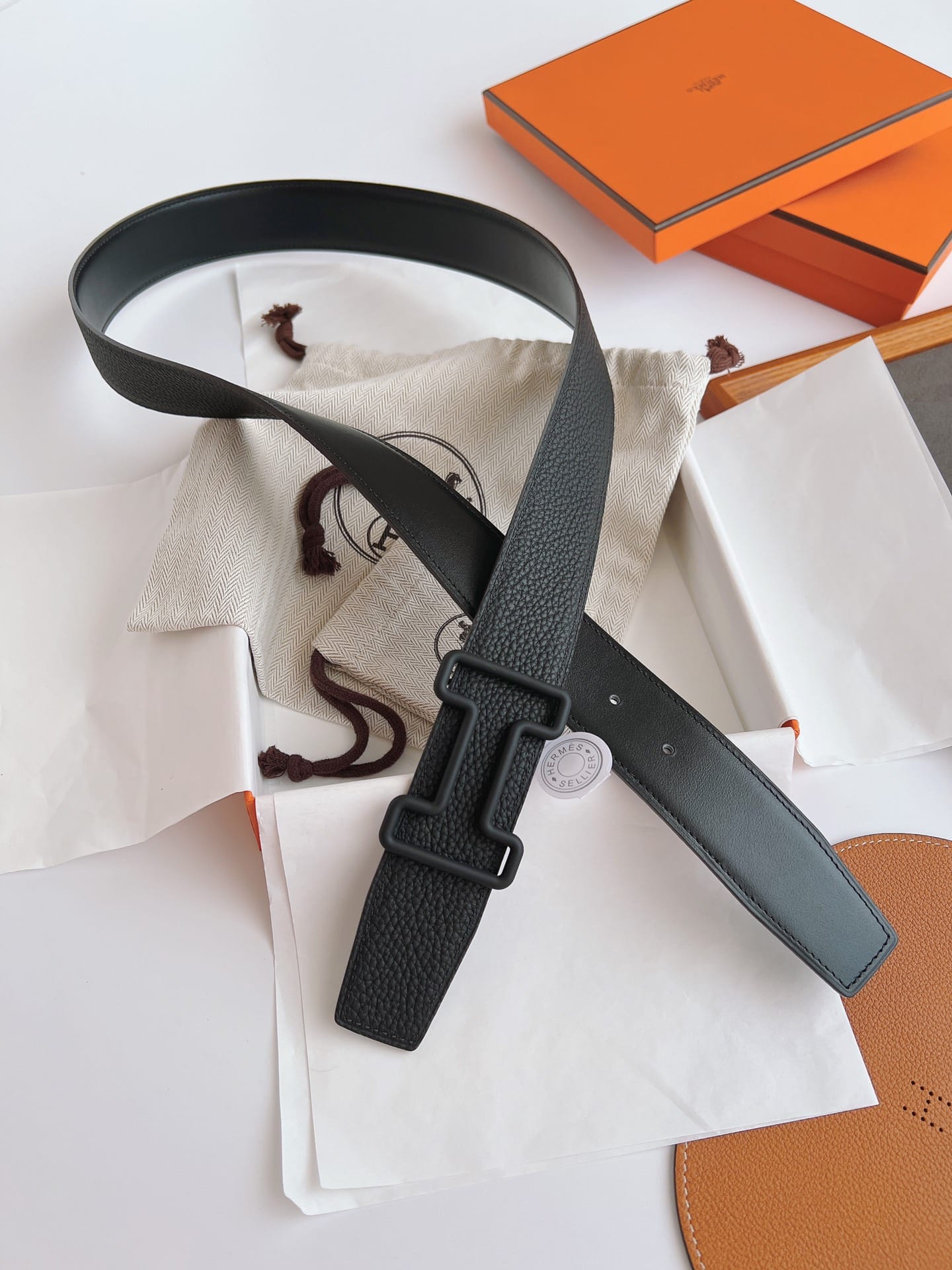 HERMES LEATHER BELT WITH H BUCKLE BLACK 38MM - Image 8