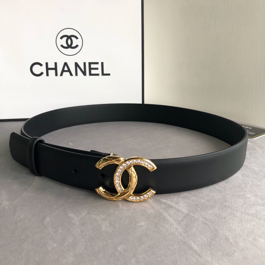 CHANEL LEATHER BELT WITH CC PEARL AND GOLD TONE METAL BLACK 3CM - Image 4