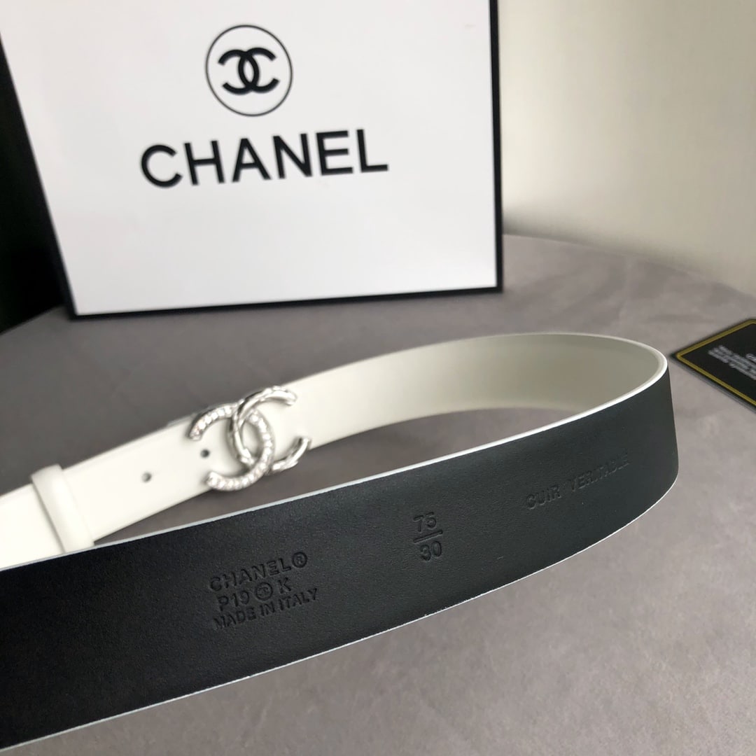 CHANEL LEATHER BELT WITH CC PEARL AND SILVER TONE METAL WHITE 3CM - Image 4