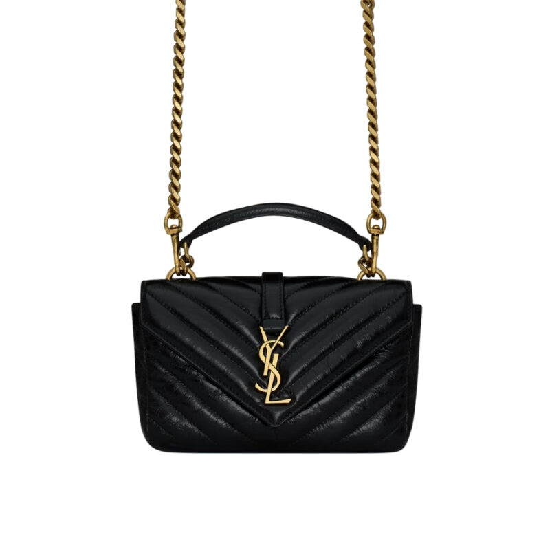 SAINT LAURENT COLLEGE MINI CHAIN BAG IN SHINY CRACKLED LEATHER BLACK 20CM 779430DZH071000