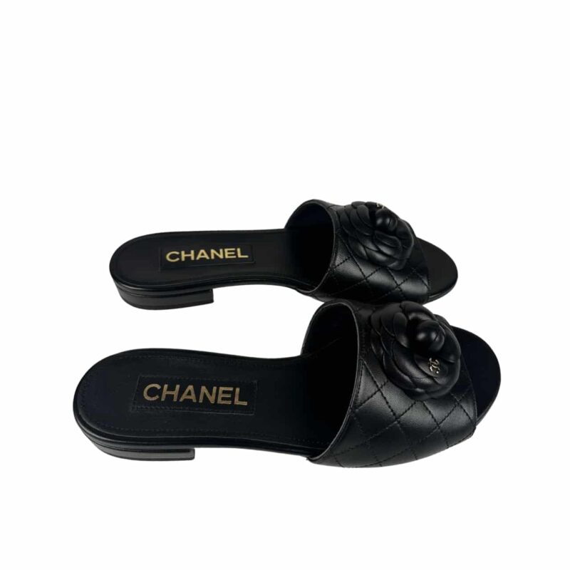 CHANEL CAMELLIA LEATHER SLIDES BLACK