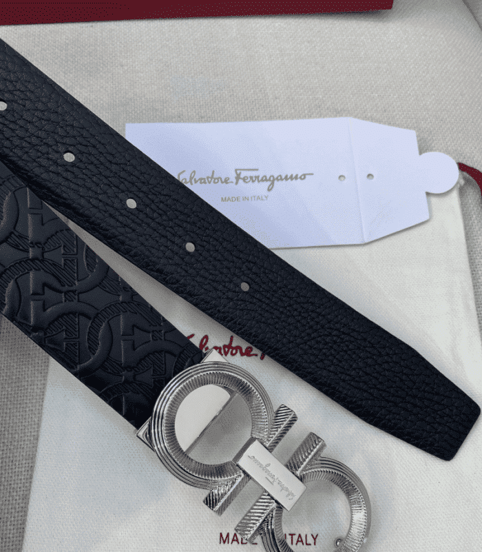 Alternative view of SALVATORE FERRAGAMO GANCINI BLACK LEATHER BELT WITH SILVER METAL BUCKLE