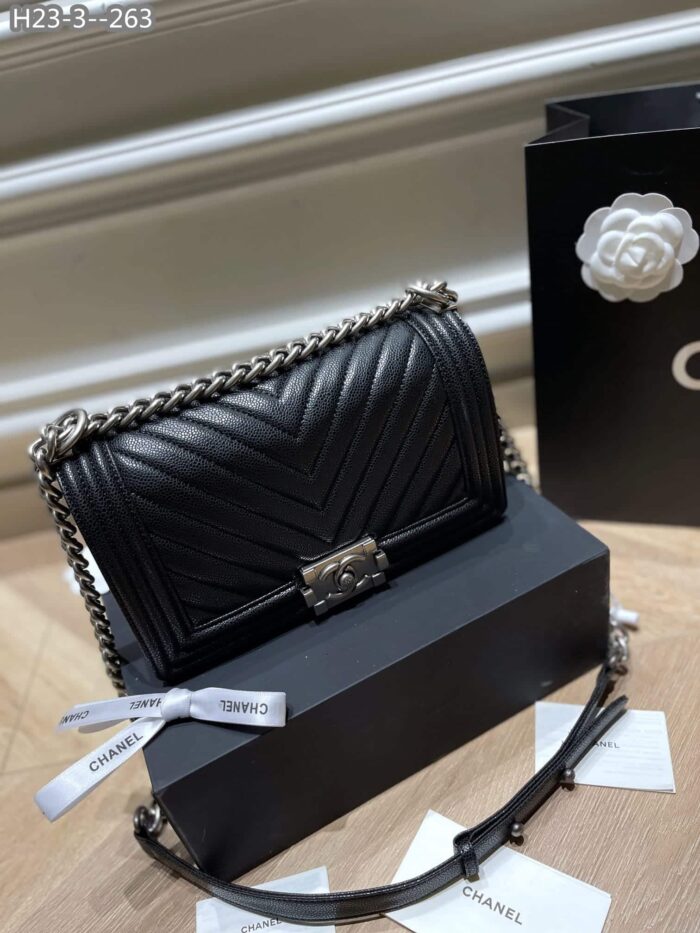 Alternative view of CHANEL BOY CAVIAR CHEVRON QUILTED FLAP BAG BLACK 25CM